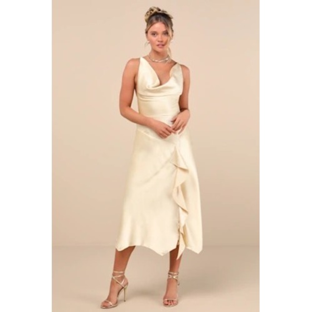 Lulus‎ Evette Pale Yellow Satin Cowl Ruffled Handkerchief Midi Dress 124D2974 S